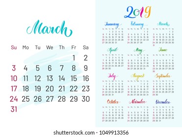 Colorful planner, 2019, march separately, white-blue background, lettering, artboard. Stylish annual calendar for modern people. Vector illustration of chart