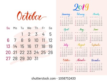 Colorful planner, 2019, October separately, white-blue background, lettering, artboard. Stylish annual calendar for modern people. Vector illustration of chart