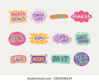 Colorful planner stickers for goal setting and motivation. Vibrant, playful design with handwritten text. Perfect for organizing tasks and boosting productivity.