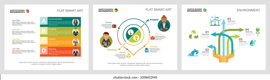 Colorful planning or ecology concept infographic charts set. Business design elements for presentation slide templates. For corporate report, advertising, leaflet layout and poster design.