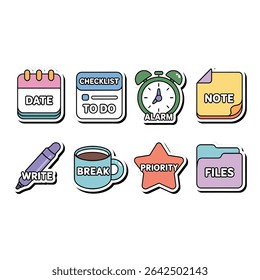 Colorful planning icons for organizing tasks isolated on white background