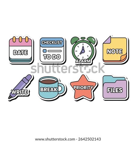 Colorful planning icons for organizing tasks isolated on white background
