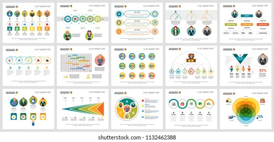Colorful planning and marketing concept infographic charts set. Business design elements for presentation slide templates. Can be used for financial report, workflow layout and brochure design.