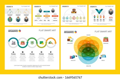Concept de planification et de marketing coloré ensemble de cartes infographiques. Éléments de conception métier pour les modèles de diapositives de présentation. Peut être utilisé pour l'édition d'états financiers, la mise en page des flux de travail et la conception de brochures.