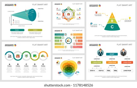 Colorful planning and strategy concept infographic charts set. Business design elements for presentation slide templates. For corporate report, advertising, leaflet layout and poster design.