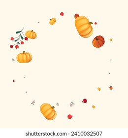 Colorful Plant Background Beige Vector. Rowan Farm. Gold Park Border. Pumpkins Set. Orange Leaf Holiday Frame.