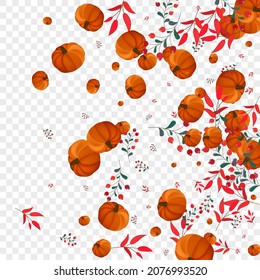 Colorful Plant Background Transparent Vector. Green Image Frame. Yellow Pumpkin Maple Illustration. Leaf September. Foliage Border.