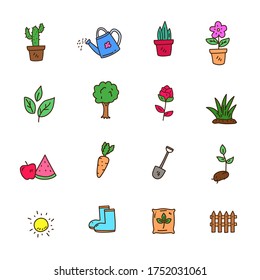 Colorful plant doodle collection in cute hand drawn style isolated on white background 