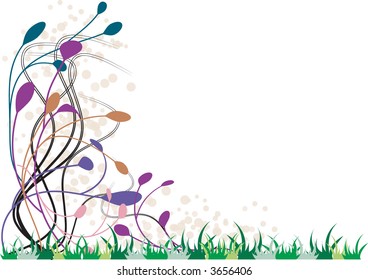 Colorful plant in grassy lawn forms gunge background frame in vector format.