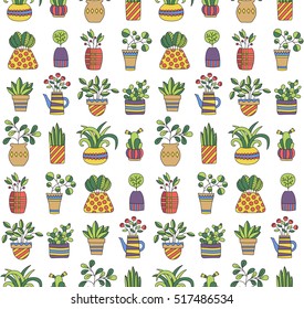 Colorful plant in pot flower in pot doodle sketch colorful seamless vector pattern