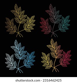 colorful plants, foliage vector, plant outline isolated on black background