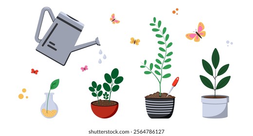 Colorful plants grow in various pots while a watering can showers them