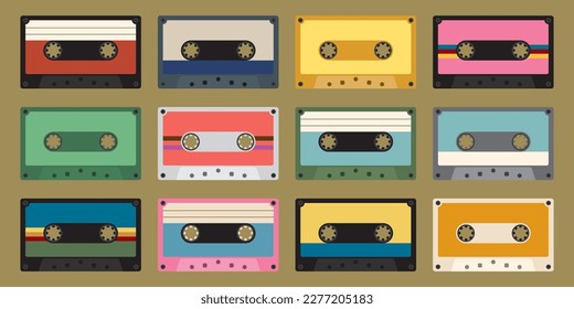 Colorful plastic audio cassette tapes flat design illustration. Set of different color music tapes.