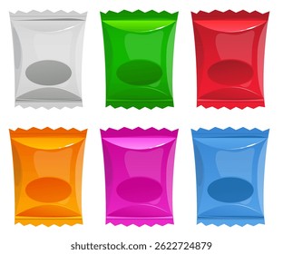 Colorful plastic bag layouts for candy or marmalade. Foil packaging. Jelly sweets wrappers. Yummy confectionery. Gelatin chewing dessert pack. Color wrap sachet. Food