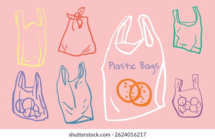 Colorful plastic bags vector set. Hand drawn outline icons set. Signs of polyethylene bags.