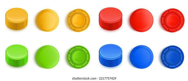 Colorful plastic bottle caps set isolated on white background. Realistic 3D illustration of yellow, red, green, blue screw lid top, side, upside down view. Mockup of cover for mineral water, beverages