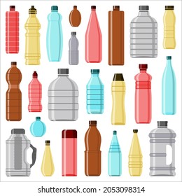 Colorful plastic bottles big set. Different shapes of empty color containers for liquids, cartoon flasks for drinks and pure water coolers on white background. Transparent jugs icon collection.
