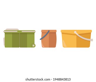 Colorful plastic buckets of different shapes, isolated on white background. Household and office cleaning equipment. Bucket for for water, garbage, storage. Mop Bucket. Vector illustration. Flat style