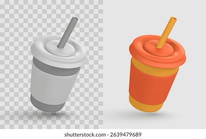 Colorful Plastic Drink Cups with Straws in 3D Style. Realistic Fast Food Beverage Containers, Disposable Takeaway Cup Mockup. Vector Illustration.