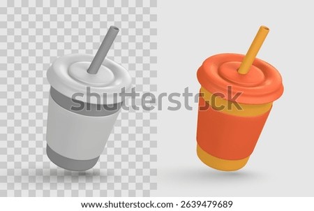 Colorful Plastic Drink Cups with Straws in 3D Style. Realistic Fast Food Beverage Containers, Disposable Takeaway Cup Mockup. Vector Illustration.