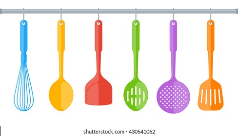 Colorful plastic kitchen utensils isolated on white background. Flat illustration of cooking tools. Vector kitchenware color elements for web, culinary infographic, restaurant booklet, presentation.