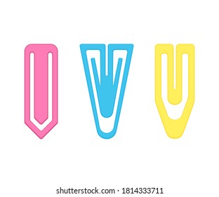 Colorful plastic paper clips set. School and office supplies collection. Flat vector illustration isolated on white background 