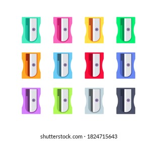 Colorful plastic pencil sharpeners set. School and office supplies collection. Flat vector illustration isolated on white background 