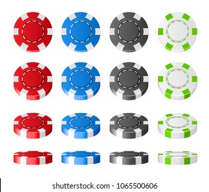Colorful plastic Poker Chips realistic set. 3d Chips flipped different angles isolated on white background. Jackpot and success concept. Vector illustration.