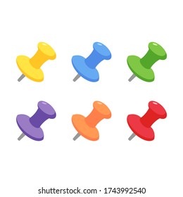 Colorful plastic pushpin flat vector illustration set - office push pins for attaching note papers or reminders. Various stationery tools with needle to attach something to notice board.
