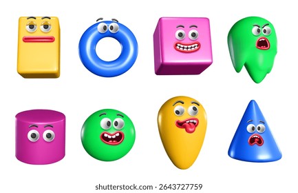 Colorful plastic quirky 3D shapes. Abstract geometric figures with funny facial expressions. Playful goofy creatures character mascots isolated cartoon vector illustration set.