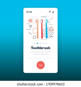 colorful plastic toothbrushes dental care hygiene concept smartphone screen mobile app copy space vector illustration
