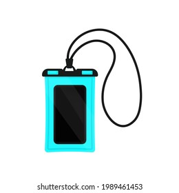 Colorful plastic waterproof case for phone or underwater shooting, icon isolated on white. Bag smartphone protection. Cartoon flat design. Vector illustration.