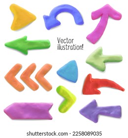 Colorful plasticine handmade dimensional arrow icons set. Putty design different shapes arrows isolated on white background