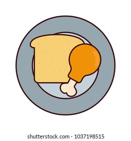 colorful plate with  bread  and chicken leg over white background vector illustration