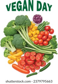 Colorful plate of vegetables arranged in a circle on a white background for vegan day campaign