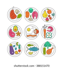 Colorful plates with healthy food. Healthy lifestyle conceptual illustration. Diet and organic food concept. Vector elements isolated and easy to use.