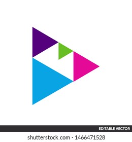 colorful play button abstract triangle modern geometric with hidden letter M logo