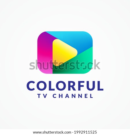 Colorful Play Button Vector Illustration. Millennials, Gen Z TV Channel Logo Concept Isolated on White Background. Blue, Yellow, Green, Pink, Magenta Purple Color Gradient.