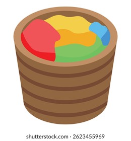 Colorful play clay filling a wooden bucket, inspiring creativity and fun for kids