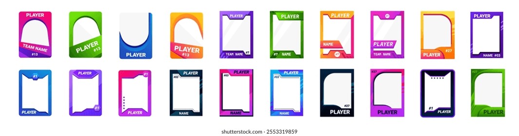 Colorida Plantilla de cartas de jugador con bordes personalizables, ideal para mostrar información del equipo, nombre y foto. Perfecto para deportes o competiciones de deportes electrónicos.