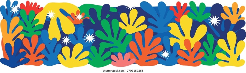 A colorful and playful abstract composition featuring various stylized botanical shapes in shades of blue, green, yellow, orange, and red, reminiscent of Matisse's cutouts.