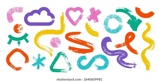 Colorful playful abstract geometric shapes in grunge doodle style. Naive brush drawn bold elements wavy lines.