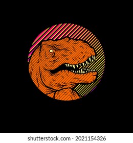 Colorful, Playful, Abstract, Modern, Round Shaped Cyberpunk T-rex Line Art Illustration