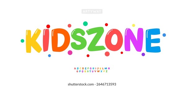 Colorful playful alphabet, joyful modern letter set, vibrant carnival font for funny kid zone banner, birthday headline, cheerful typography, educational typographic design. Vector typeset.
