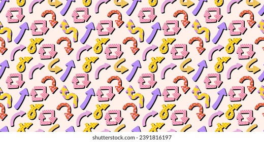 Colorful playful arrows seamless pattern in trendy style with vector texture. Dynamic arrow signs for design