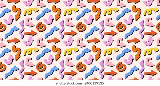 Colorful playful arrows seamless pattern in trendy style with vector texture. Dynamic arrow signs for design