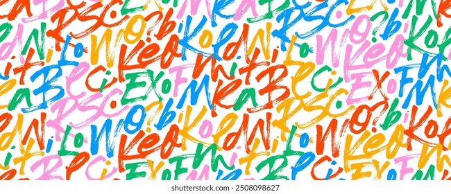 Farbige spielerische Pinsel gezeichnet Buchstaben nahtlose Muster. Handgezeichneter Vektorkalligraphie-Hintergrund mit hellen Buchstaben im Kinderstil. Abstrakte Text Tapete, funky Graffiti Typografie nahtlose Banner.