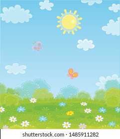 Colorful playful butterflies flying over a green field with wildflowers on a pretty summer day, vector illustration in a cartoon style