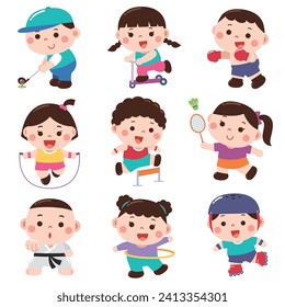 A colorful and playful cartoon-style illustration featuring children engaging in different sports and physical activities.