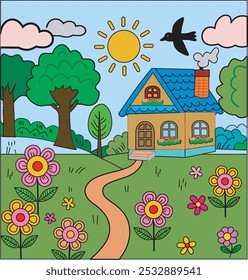 Colorful and Playful Children's Book Page with Bright House and Garden